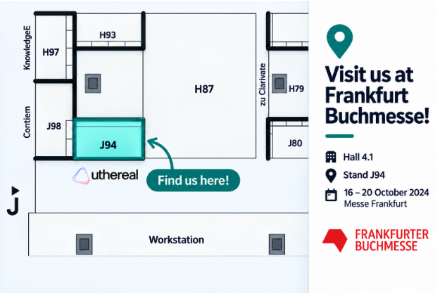 Frankfurter Buchmesse Hall 4.1 floor plan showing Uthereal at stand J94 beside the Knowledge Hub