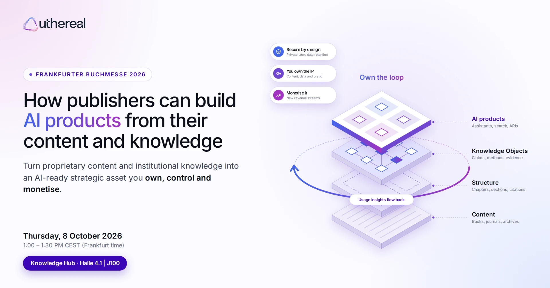 Talk slide: How publishers can build AI products from their content and knowledge — Uthereal at Frankfurter Buchmesse 2026, Thursday 8 October, 1:00–1:30 PM CEST, Knowledge Hub, Hall 4.1 J100