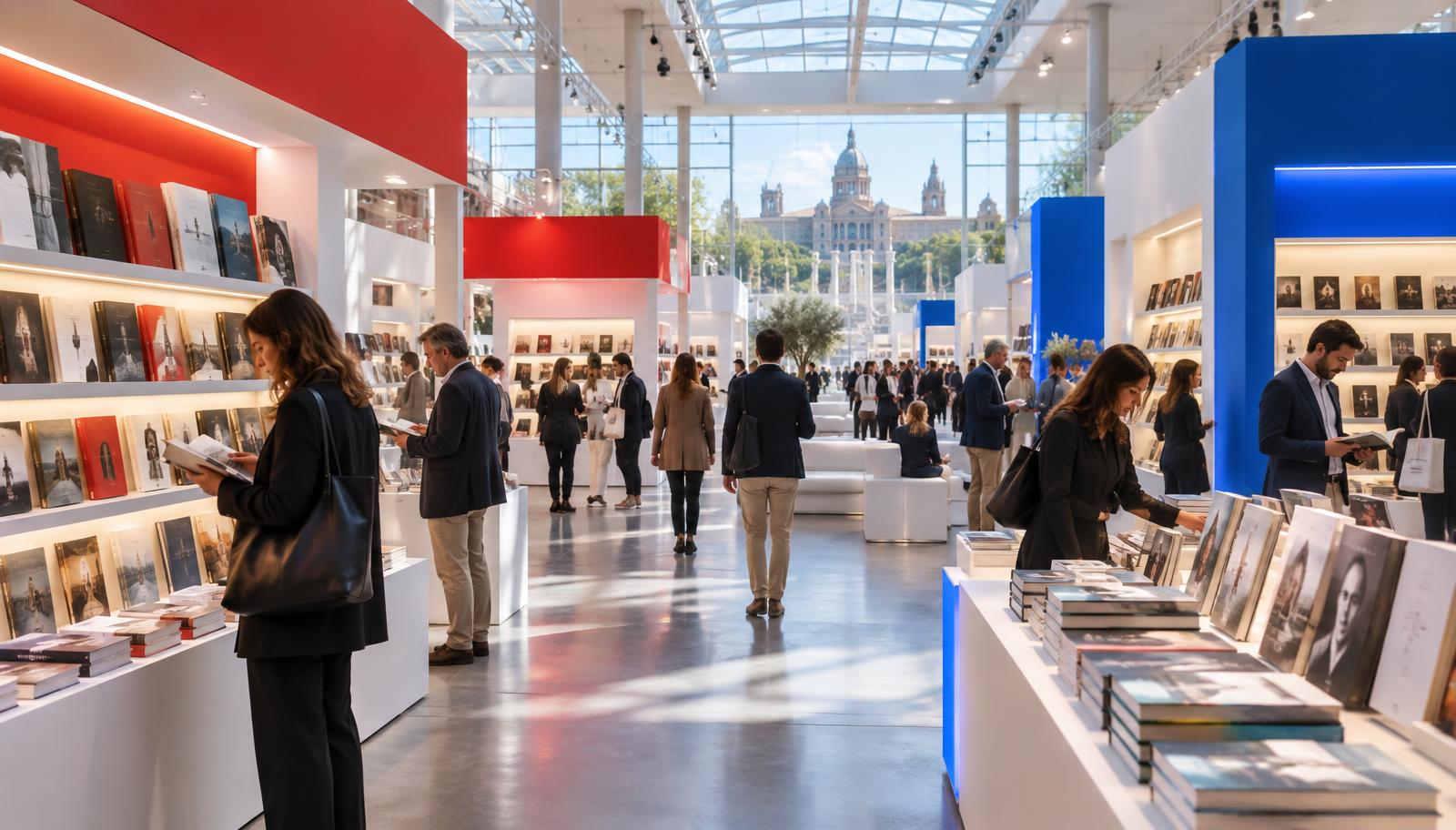 Publishing professionals browsing international stands at LIBER 2026 in Barcelona, with red and blue accents