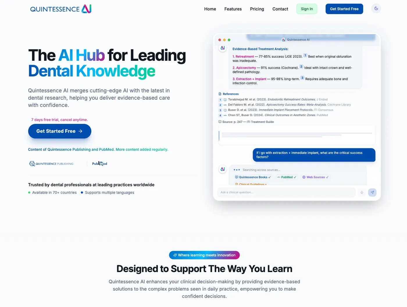Quintessence AI dashboard with Clinical Guidelines, Evidence-Based, and Expert Recommendations